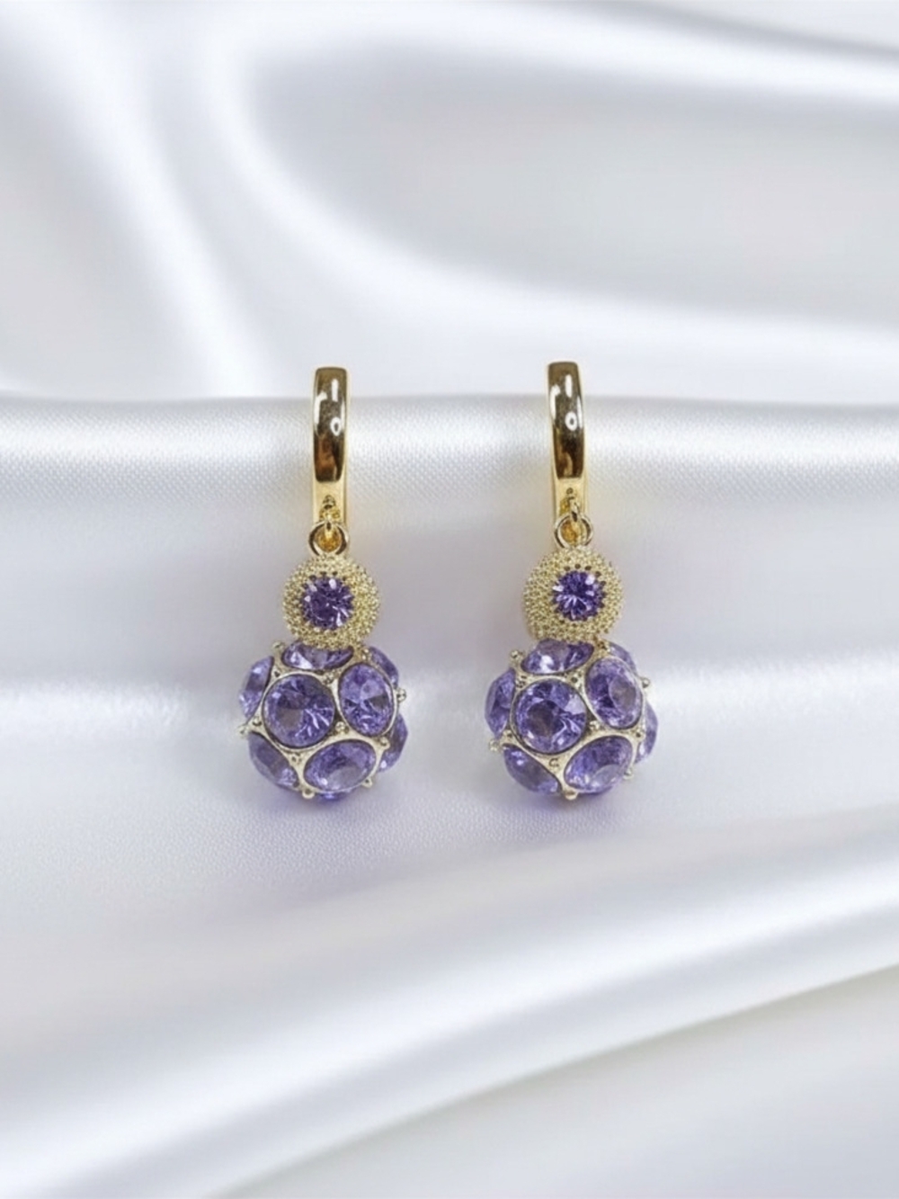 Gold-plated Purple Crystal Drop Earrings- Zircon Stone &  925 Silver Needle